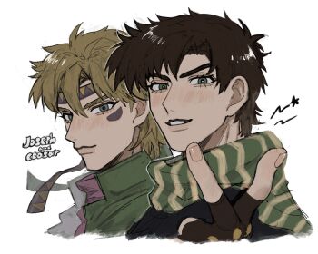 Rule 34 | 2boys, battle tendency, blonde hair, brown hair, caesar anthonio zeppeli, character name, closed mouth, commentary request, cropped torso, eyelashes, fingerless gloves, gloves, green eyes, headband, highres, jojo no kimyou na bouken, joseph joestar, joseph joestar (young), male focus, multiple boys, neg 50asu, parted lips, scarf, short hair, striped clothes, striped scarf, white background