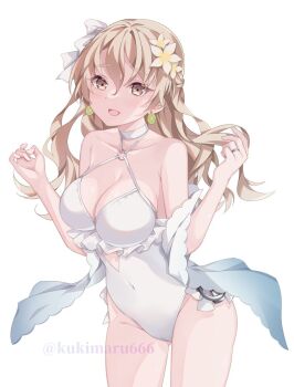 Rule 34 | 1girl, breasts, brown eyes, brown hair, casual one-piece swimsuit, choker, commentary request, cosplay, criss-cross halter, flower, frilled one-piece swimsuit, frills, hair flower, hair ornament, hairband, halterneck, highleg, highleg one-piece swimsuit, kantai collection, kukimaru, large breasts, long hair, one-piece swimsuit, sagiri (kancolle), sagiri (kancolle) (cosplay), sagiri (swimsuit) (kancolle), side-tie swimsuit, simple background, smile, solo, swimsuit, w arms, white background, white choker, white one-piece swimsuit, zara (kancolle)