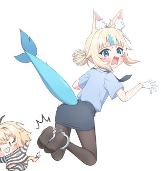 2girls ahoge animal_ear_fluff animal_ears black_necktie black_skirt black_streaks black_thighhighs blonde_hair blue_eyes blue_shirt blue_streaks blunt_bangs bound_ankles cat_ears chibi collared_shirt commentary cuffs dooby fang fins fish_girl fish_tail fleeing gloves handcuffs indie_virtual_youtuber korean_commentary looking_back mouse_girl mouse_tail multicolored_hair multiple_girls necktie open_mouth pencil_skirt police police_uniform prison_clothes sameko_saba shirt sidelocks skirt smile streaked_hair striped_clothes striped_shirt sweatdrop tail tail_raised thighhighs ugaaaa1 virtual_youtuber white_background white_gloves