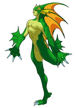 1boy absurdres bengus claws colored_skin darkstalkers dorsal_fin fins from_side full_body game_cg green_skin head_fins highres male_focus non-web_source official_art rikuo_(darkstalkers) sharp_toenails simple_background solo standing standing_on_one_leg stretching toenails vampire_savior:_the_lord_of_vampire webbed_feet webbed_hands white_background