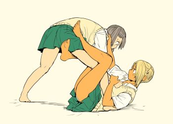 Rule 34 | 2girls, barefoot, blonde hair, cardigan, catfight, fujita kakuji, green skirt, jiu-jitsu, multiple girls, panties, pleated skirt, skirt, underwear, white panties, wrestling