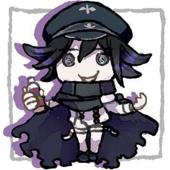 1boy @_@ belt belt_buckle black_cape black_eyes black_hair black_hat black_shoes bottle buckle buttons cape chibi collared_cape commentary_request crazy danganronpa_(series) danganronpa_v3:_killing_harmony double-breasted dress_shoes drop_shadow hair_between_eyes hat high_collar holding holding_bottle jacket long_sleeves lowres male_focus multicolored_buttons na_no_(nanoatm) oma_kokichi open_belt open_mouth outside_border pale_skin pants peaked_cap picture_frame shoes short_hair smile soda soda_bottle solid_circle_eyes solo standing straight-on thigh_belt thigh_strap torn_cape torn_clothes torn_jacket transparent_background white_belt white_jacket white_pants wrist_belt