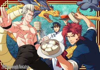 3boys bamboo_steamer steamed_bun black_hair bowl chinese_clothes chinese_text dim_sum dragon eastern_dragon fighting_stance food grey_hair hat highres jean_pierre_polnareff jojo_no_kimyou_na_bouken kakyoin_noriaki kotatsu_(g-rough) kung_fu kuujou_joutarou male_focus meandros multiple_boys nunchaku red_hair tray weapon