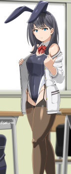1girl animal_ears bag bare_shoulders black_garter_straps black_hair blue_eyes blurry blush bow bowtie breasts brown_thighhighs cardigan classroom cleavage commentary_request competition_swimsuit depth_of_field desk detached_collar frown garter_straps gridman_universe highleg highleg_one-piece_swimsuit highres hip_bones indoors long_hair looking_at_viewer medium_breasts one-piece_swimsuit rabbit_ears red_bow red_bowtie saizu_nitou_gunsou school_bag school_desk solo ssss.gridman standing sweatdrop swimsuit takarada_rikka thighhighs twitter_username white_cardigan window