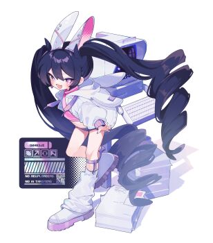 1girl animal_ear_hood animal_ears artist_name black_hair colored_shoe_soles computer cropped_shirt drawstring drill_hair fake_animal_ears full_body highres hood hood_down hooded_jacket jacket leg_warmers legwear_garter long_hair long_sleeves looking_at_viewer mechanical_ears open_clothes open_jacket open_mouth original ozreiji paper_stack pink_eyes pink_shirt rabbit_ears shirt shoes single_leg_warmer smile solo standing twin_drills very_long_hair white_jacket white_leg_warmers white_shoes