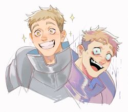Rule 34 | 1boy, armor, artist name, bags under eyes, blonde hair, commentary, constricted pupils, dungeon meshi, english commentary, grin, highres, laios touden, looking at viewer, male focus, multiple views, open mouth, pauldrons, rorokonaa, short hair, shoulder armor, simple background, smile, sparkling aura, sweat, undercut, upper body, very short hair, white background, yellow eyes