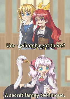 2koma 3girls animal annoyed arms_at_sides bird black_dress black_vest blonde_hair blue_eyes clueless comic drawerscabinets dress ear_piercing english_text eyebrows_hidden_by_hair female_focus hair_ribbon icarly indoors long_hair mavis_von_austien mile_(noukin) multiple_girls ostrich petite piercing purple_dress purple_eyes red_hair reina_(noukin) ribbon scene_reference shirt short_hair sleeveless sleeveless_dress tomboy upper_body vest watashi_nouryoku_wa_heikinchi_de_tte_itta_yo_ne! white_shirt yellow_ribbon