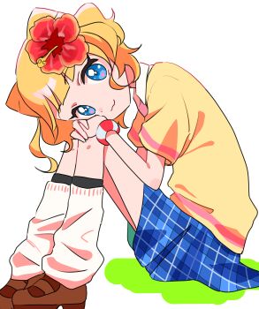 1girl absurdres blonde_hair blue_eyes cone_hair_bun double_bun flower from_side hair_bun hair_flower hair_ornament hands_on_own_knees highres kneehighs looking_at_viewer madori_(1ldkplanet) minami_mirei plaid_clothes plaid_skirt pretty_series pripara short_hair short_sleeves sitting skirt socks solo