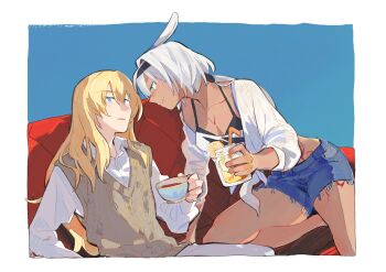 1boy 1girl absurdres alternate_costume animal_ears arm_support bare_legs bikini black_bikini black_hairband blonde_hair blue_background blue_eyes blue_shorts body_markings border brown_sweater_vest caenis_(fate) chinese_commentary closed_mouth collared_shirt commentary_request couch cup dark-skinned_female dark_skin denim denim_shorts drink drinking_glass drinking_straw eye_contact face-to-face fate/grand_order fate_(series) food fruit hair_between_eyes hair_tubes hairband hetero highres holding holding_cup horse_ears ice ice_cube kirschtaria_wodime kneeling lemon lemon_slice long_hair long_sleeves looking_at_another low_ponytail luciaicefish on_couch pants parted_lips ponytail shirt short_shorts shorts simple_background single_hair_tube sitting smile sweater_vest swimsuit tea teacup white_border white_hair white_pants white_shirt