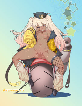 1girl absurdres ass azur_lane bache_(azur_lane) belt belt_buckle blonde_eyebrows blonde_hair buckle character_request copyright_request dark-skinned_female dark_skin female_focus fishnets highres navel nude purple_eyes shoes smile solo source_request thighhighs thighs tomoyuki_kotani