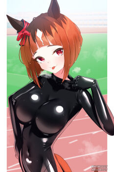 1girl absurdres animal_ears arched_bangs black_bodysuit blunt_bangs blunt_ends blush bodysuit breasts closed_mouth commentary commission covered_navel highres horse_ears horse_girl horse_tail impossible_bodysuit impossible_clothes large_breasts latex latex_bodysuit maguro27 mixed-language_commentary orange_hair pixiv_commission red_eyes short_hair smile solo steaming_body sweat tail tongue tongue_out transcend_(umamusume) umamusume