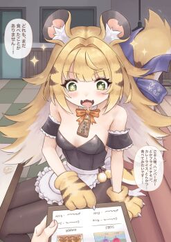 +_+ 1girl :d alternate_costume animal_ears animal_hands apron black_dress black_pantyhose blonde_hair blue_bow blush bow breasts butter_spoon cleavage dress drooling fangs grey_hair highres ju_fufu loli looking_at_viewer maid maid_apron mouth_drool open_mouth pantyhose small_breasts smile solo tail tail_bow tail_ornament tiger_ears tiger_girl tiger_paws tiger_tail zenless_zone_zero