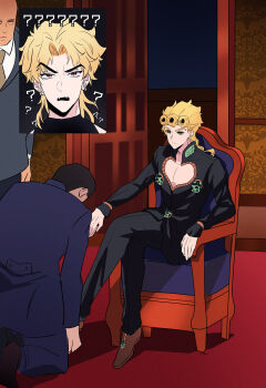 4boys ? ?? birthmark blonde_hair braid braided_ponytail brown_necktie chair commentary_request crossed_legs dio_brando door earrings fan_screaming_at_madison_beer_(meme) formal_clothes giorno_giovanna green_eyes highres jewelry jojo_no_kimyou_na_bouken male_focus meme multiple_boys necktie raised_eyebrow red_eyes single_braid sitting stardust_crusaders suit toubun_teikou vento_aureo