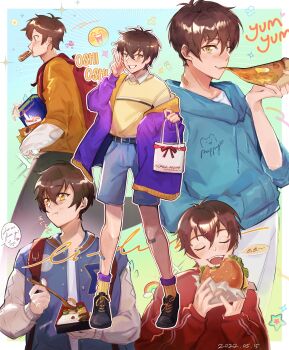 1boy absurdres ace_of_diamond belt bento black_belt blue_hoodie blush bread bread_slice brown_hair burger croco_cosuma dated eating food food_in_mouth full_body hair_between_eyes hand_in_pocket highres holding holding_burger holding_food holding_pizza hood hoodie layered_sleeves looking_at_viewer looking_to_the_side male_focus mouth_hold multiple_views pizza pizza_slice red_hoodie sawamura_eijun shirt shirt_tucked_in short_hair shorts sleeve_rolled_up teeth toast toast_in_mouth white_shirt