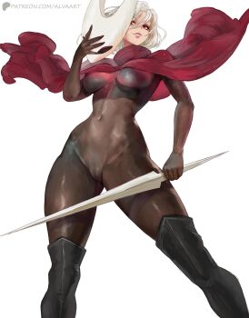 Rule 34 | absurdres, alva (artofalva), bob cut, bodysuit, breasts, cameltoe, cape, cosplay, covered navel, feet out of frame, grin, high boots, highres, holding, holding mask, holding needle, holding weapon, hollow knight, hollow knight: silksong, horned mask, hornet (hollow knight), hornet (hollow knight) (cosplay), humanization, lips, looking at viewer, mask, medium breasts, navel, needle, needle (hollow knight), patreon logo, patreon username, red cape, red lips, smile, weapon, white hair