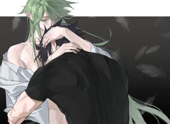 Rule 34 | 2boys, absurdres, ahoge, alternate hairstyle, aotu world, bare shoulders, black background, black hair, black shirt, closed eyes, falling feathers, feathers, green hair, hair down, hand on another's head, highres, hug, long hair, male focus, multiple boys, navel, off shoulder, open clothes, open shirt, pointy ears, ray (aotu world), scar, scar on arm, shirt, short hair, short sleeves, sidelocks, t-shirt, upper body, very long hair, white shirt, xander (aotu world), yaoi, yigeniuren