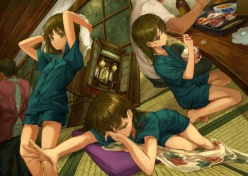 absurdres arms_up bare_legs barefoot bowl brown_hair chopsticks closed_eyes cushion eating food grey_eyes highres holding holding_bowl indoors jinbei kneeling lantern long_hair lying multiple_girls multiple_persona original pillow rice sero3eta short_sleeves shorts shouji sitting sliding_doors standing stretching sushi table tatami towel