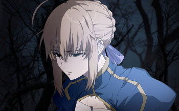 0304rong0304 1girl absurdres ahoge artoria_pendragon_(fate) braid cleavage_cutout clothing_cutout commentary_request expressionless fate/stay_night fate_(series) forest hair_ribbon half-closed_eyes highres korean_commentary nature night photo_background portrait ribbon saber_(fate) sidelocks solo