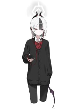1girl alternate_costume alternate_hair_length alternate_hairstyle black_cardigan black_hair black_nails black_pantyhose blue_archive bow bowtie cardigan cellphone closed_mouth collared_shirt commentary_request cropped_legs earphones halo hand_in_pocket highres holding holding_phone horns kayoko_(blue_archive) long_sleeves looking_at_viewer nail_polish pantyhose phone red_bow red_bowtie red_eyes shirt simple_background single_wing smartphone solo white_background white_hair white_shirt wings zangaiiii1