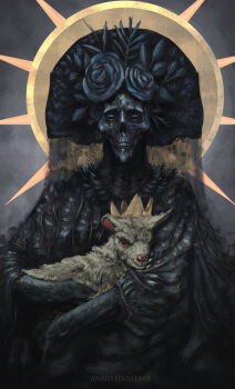 anato_finnstark animal artist_name baby_animal black_flower black_rose black_theme crown flower halo highres holding holding_animal horror_(theme) lamb looking_at_viewer monster no_humans original rose sheep skeleton tears