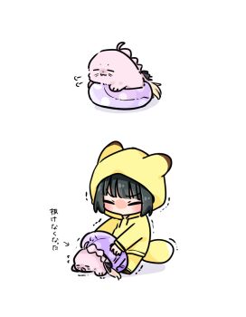 1girl :3 aged_down ahoge animal animal_ears animal_hood animalization anyoji_hime arrow_(symbol) black_hair black_ribbon blunt_bangs brown_shoes closed_eyes closed_mouth commentary flying_sweatdrops fox_ears fox_girl fox_hood fox_tail hair_ribbon holiday_holiday_(love_live!) holiday_holiday_(tenko)_(love_live!) hood hoodie innertube link!_like!_love_live! love_live! momose_ginko multi-tied_hair multiple_views official_alternate_costume open_mouth pants polka_dot polka_dot_innertube ponytail puff_of_air pulling ribbon seal_(animal) shiro_(white_2530) shoes smile stuck swim_ring tail translation_request transparent_innertube trembling v-shaped_eyebrows virtual_youtuber yellow_hoodie yellow_pants