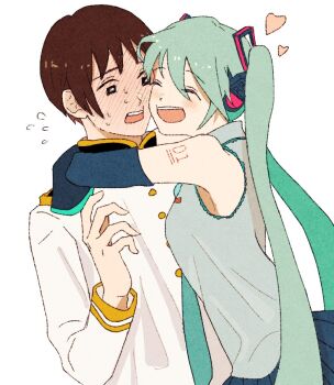 Rule 34 | 1boy, 1girl, aqua hair, aqua necktie, axis powers hetalia, bare shoulders, black eyes, black sleeves, blue background, blush, breasts, bright pupils, brown hair, buttons, closed eyes, collarbone, commentary request, crossover, detached sleeves, flying sweatdrops, full-face blush, grey shirt, hair between eyes, hair ornament, hand up, happy, hatsune miku, headphones, heart, hug, jacket, japan (hetalia), long hair, long sleeves, looking at another, medium breasts, military, military jacket, military uniform, necktie, number tattoo, open mouth, pleated skirt, re02ri, shirt, short hair, shoulder tattoo, shy, simple background, skirt, sleeveless, sleeveless shirt, smile, sweat, tattoo, teeth, twintails, upper body, vocaloid, white background, white jacket, white pupils, wide sleeves
