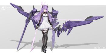 1girl black_boots boots closed_mouth commentary_request dress frilled_dress frills full_body grey_background hair_between_eyes headgear highres letterboxed long_hair long_sleeves looking_at_viewer mecha_musume mechanical_wings original outside_border purple_eyes purple_hair sarasadou_dan shadow simple_background solo standing thigh_boots white_dress wings