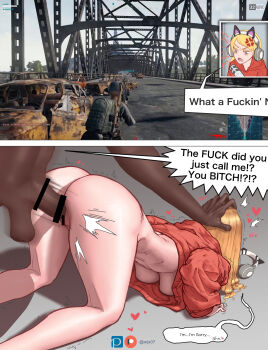 1boy 1girl absurdres anger_vein angry animal_ear_headphones animal_ears apologizing ass bar_censor blonde_hair bottomless breast_rest breasts bridge cat_ear_headphones cat_ears censored clothed_female_nude_male dark-skinned_male dark_skin doggystyle english_text fake_animal_ears genderswap genderswap_(mtf) hand_on_another's_head headphones heart hetero highres hood hood_down hoodie instant_loss interracial large_breasts long_hair medium_breasts meme no_bra nude orange_hoodie parody pewdiepie pewdiepie's_pubg_livestream_n-word_controversy_(meme) racism rape real_life sex sex_from_behind speech_bubble testicles top-down_bottom-up trembling underboob upshirt wjs07