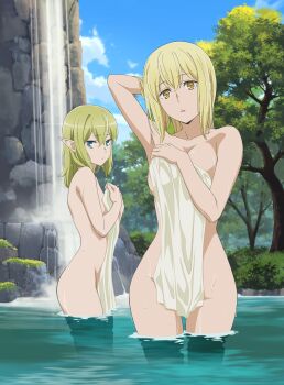 2girls absurdres aiz_wallenstein arm_up armpits ass bare_shoulders blonde_hair blue_eyes breasts cleavage collarbone covering_breasts covering_crotch covering_privates dungeon_ni_deai_wo_motomeru_no_wa_machigatteiru_darou_ka elf female_focus green_hair hand_up highres kimoto_shigeki large_breasts legs long_ears long_hair looking_at_viewer medium_hair multiple_girls nude official_art open_mouth pointy_ears river ryu_lion scan short_hair sideboob small_breasts standing thighs towel water waterfall wet yellow_eyes