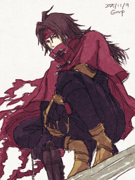 1boy armored_boots artist_name black_gloves black_hair black_pants black_shirt boots clawed_gauntlets cloak dated final_fantasy final_fantasy_vii full_body gloves gold_boots grey_background gun hair_between_eyes headband highres holding holding_gun holding_weapon long_hair male_focus pants pulupulupoodle red_cloak red_headband shirt solo squatting vincent_valentine weapon