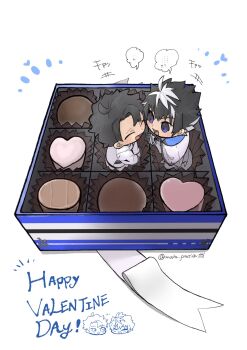 Rule 34 | 2boys, artist name, black hair, blue eyes, blush, charlemagne (fate), charlemagne (first ascension) (fate), chibi, commentary request, english text, facing another, fate/grand order, fate (series), fujimaru ritsuka (male), fujimaru ritsuka (male) (decisive battle chaldea uniform), happy valentine, head only, highres, long sleeves, looking at another, male focus, mocha practice, multicolored hair, multiple boys, open mouth, sitting, speech bubble, twitter username, two-tone hair, white hair