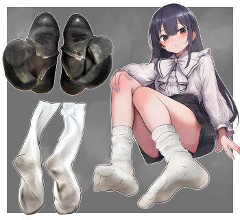 Rule 34 | 1girl, absurdres, black eyes, black hair, blush, boots, feet, hand on own knee, highres, long hair, looking at viewer, loose socks, lumina414, shoes, socks, soles, steam, unworn boots, unworn shoes, unworn socks, white socks