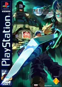 1girl 2boys absurdres aerith_gainsborough aqua_eyes armor armored_gloves baggy_pants blue_pants boots brown_boots brown_hair buster_sword choker cloud_strife copyright_name derivative_work feet_out_of_frame final_fantasy final_fantasy_vii from_below funnismonkis hair_ribbon highres holding holding_sword holding_weapon jacket meteor multiple_boys pants parted_bangs pauldrons pink_ribbon playstation_logo red_jacket ribbon ribbon_choker sephiroth shinra_electric_power_company shinra_hq short_hair shoulder_armor sidelocks single_pauldron smile sony spiked_hair sword video_game_cover_redraw weapon