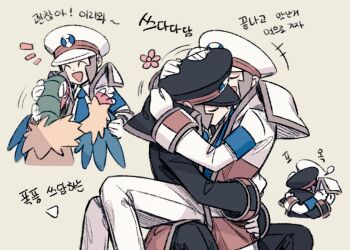 +++ 2boys :d ^_^ archeops black_coat black_hat blue_necktie brothers closed_eyes coat commentary_request emmet_(pokemon) flower_symbol gen_5_pokemon gloves grey_hair hat high_collar hug ingo_(pokemon) korean_commentary korean_text long_sleeves male_focus multiple_boys necktie nintendo open_clothes open_coat open_mouth pants peaked_cap pokemon pokemon_(creature) pokemon_bw seku_000 siblings smile translation_request white_gloves white_hat white_pants