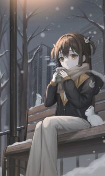 Rule 34 | 1girl, absurdres, bare tree, bench, black jacket, brown eyes, brown hair, brown scarf, building, cityscape, cup, disposable coffee cup, disposable cup, feet out of frame, from below, fur-trimmed hood, fur trim, grey pants, hair ornament, highres, holding, holding cup, hood, hood down, jacket, kkamkkam, lamppost, long hair, long sleeves, looking at viewer, on bench, original, outdoors, pants, park bench, parted lips, rabbit hair ornament, railing, ringed eyes, scarf, scenery, sitting, skyscraper, snow, snowing, solo, tree, two side up, white rabbit (animal), winter