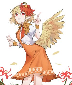 1girl animal animal_on_head baby_animal bird bird_on_head bird_wings blonde_hair chick commentary_request dress flower highres index_finger_raised looking_at_viewer multicolored_hair niwatari_kutaka on_head orange_dress red_eyes red_flower red_hair simple_background smile solo spider_lily takoyaki5221 touhou two-tone_hair vest white_background white_vest wings yellow_wings