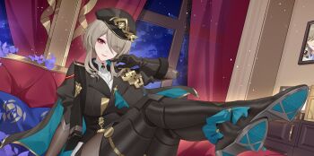 1girl alternate_breast_size_(larger) black_boots black_gloves black_hat black_jacket black_pantyhose boots breasts brown_hair chinese_commentary closed_mouth commentary_request cosplay cropped durandal_(honkai_impact) durandal_(honkai_impact)_(cosplay) durandal_(valkyrie_gloria)_(honkai_impact) eyes_visible_through_hair gloves hair_over_one_eye hand_up hat high_heel_boots high_heels highres honkai_(series) honkai_impact_3rd huge_breasts indoors jacket legs_up looking_at_viewer medium_hair mole mole_under_eye night paid_reward_available pantyhose pink_eyes rita_rossweisse sitting smile solo thigh_boots window wu_ganlan_cai