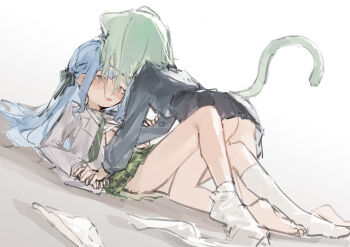 2girls absurdres all_fours animal_ears ass bang_dream! bang_dream!_it&#039;s_mygo!!!!! bare_legs barefoot black_skirt blue_hair blush braid cat_ears cat_girl cat_tail chinese_commentary dutch_angle from_behind green_hair green_necktie green_skirt hair_ribbon hand_under_clothes haneoka_school_uniform highres kemonomimi_mode long_hair long_sleeves looking_at_another miniskirt multiple_girls necktie no_panties no_shoes nose_blush on_floor one_side_up open_mouth panties partially_undressed pleated_skirt ribbon school_uniform sidelocks sitting sketch skirt socks sunjinghan0801_(mokacoat) tail togawa_sakiko tsukinomori_school_uniform underwear unworn_panties wakaba_mutsumi white_panties white_socks yukadon yuri