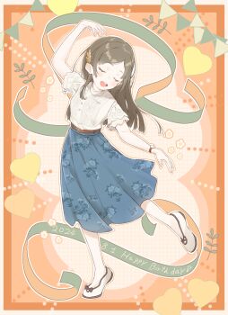 1girl 2024 arm_up belt blue_skirt border brown_belt brown_hair closed_eyes dancing floral_print floral_print_skirt forehead full_body gakuen_idolmaster happy_birthday head_tilt high-waist_skirt highres idolmaster komaki_(komaki0769) kuramoto_china laurels leg_up long_hair open_mouth orange_background orange_border orange_outline outline print_skirt shirt shoes short_sleeves skirt solo standing standing_on_one_leg teeth upper_teeth_only waltz_(dance) watch white_border white_outline white_shirt white_shoes wristwatch