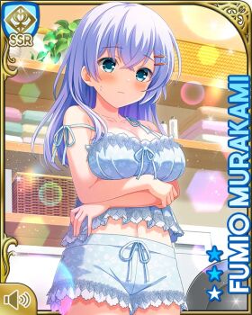 1girl alternate_hairstyle aqua_eyes bare_arms bare_shoulders barefoot bedroom braid card_(medium) curtains day frown girlfriend_(kari) hair_ornament hair_over_shoulder hairclip indoors long_hair looking_at_viewer murakami_fumio nightgown official_art on_bed qp:flapper shirt shorts sleepwear solo standing tagme white_shirt white_shorts