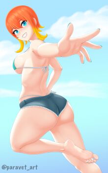1girl absurdres aqua_bikini artist_name ass barefoot bikini blue_eyes blue_nails breasts feet female_focus from_behind gluteal_fold grin highleg highleg_bikini highres large_breasts looking_at_viewer looking_back multicolored_hair nail_polish orange_hair original paravet reaching reaching_towards_viewer short_hair short_shorts shorts sideboob signature smile soles solo standing standing_on_one_leg swimsuit teeth thighs toenail_polish toenails toes yellow_eyes