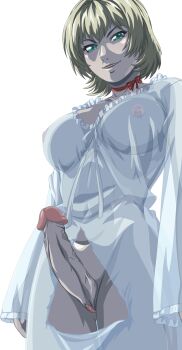 1futa bible_black bible_black_new_testament blonde_hair breasts choker curvy dress erection futanari highres huge_breasts jody_crowley large_breasts night nightgown panties penis shin_bible_black short_hair smile solo torn_clothes torn_dress underwear white_dress witch