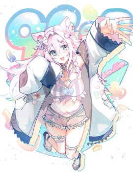 1girl absurdres black_shoes blue_eyes coat eiko_ei_0915 full_body hair_between_eyes highres hyena_ears hyena_girl hyena_tail indie_virtual_youtuber long_hair long_sleeves looking_at_viewer navel open_clothes open_coat open_mouth otsubu_gummyena_(vtuber) pink_hair purple_shorts shirt shoes shorts solo striped_clothes striped_shirt thigh_strap virtual_youtuber white_coat wide_sleeves