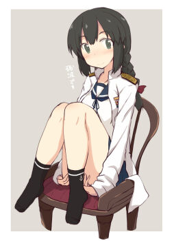 1girl anchor_symbol ankle_socks black_socks blush border borrowed_clothes bow braid brown_hair chair collarbone commentary_request double-parted_bangs full_body green_eyes grey_background hair_between_eyes hair_bow isonami_(kancolle) jacket kantai_collection knees_up kugui_kiyunemu long_hair long_sleeves looking_at_viewer low_twin_braids on_chair open_clothes open_jacket outside_border oversized_jacket red_bow shoulder_boards sidelocks simple_background sitting sleeves_past_wrists smile socks solo translation_request twin_braids white_border white_jacket