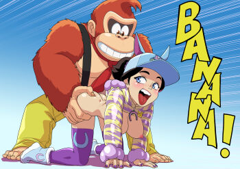 baseball_cap bestiality blue_eyes brown_hair clothes_lift donkey_kong donkey_kong_(series) hat hood hoodie interspecies mario_(series) necktie nintendo open_mouth pauline_(mario) ponytail puffy_sleeves sex sex_from_behind shirt_lift smile thighhighs tongue tongue_out