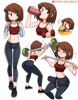 1girl ^^^ absurdres artist_name ass averting_eyes barbell bare_shoulders black_eyes black_footwear black_pants blush bob_cut bottle breasts brown_hair burger cassie_(tobias_wheller) chibi cleavage closed_eyes closed_mouth drink drinking dumbbell eating embarrassed exercise_machine exercising flying_sweatdrops food from_behind highres holding holding_bottle holding_burger holding_drink holding_food looking_at_viewer looking_to_the_side midriff multiple_views navel no_socks original paid_reward_available pants patreon_logo patreon_username red_sports_bra sesame_seeds shoes short_hair shoulder_blades simple_background single_vertical_stripe small_breasts sneakers solo_focus spandex sports_bra sweat sweatdrop table thigh_gap tobias_wheller towel towel_around_neck trembling v-shaped_eyebrows walking water_bottle weightlifting white_background