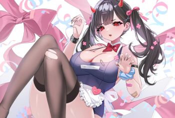 1girl absurdres arm_strap bandaid bandaid_on_arm black_hair blue_one-piece_swimsuit blue_scrunchie bow bowtie breasts cleavage collar detached_collar hair_ornament hair_ribbon hairpin highres horns large_breasts nemuaki one-piece_swimsuit original pink_ribbon red_bow red_bowtie red_eyes red_horns ribbon scrunchie solo swimsuit thighhighs torn_clothes torn_thighhighs twintails white_collar wrist_scrunchie