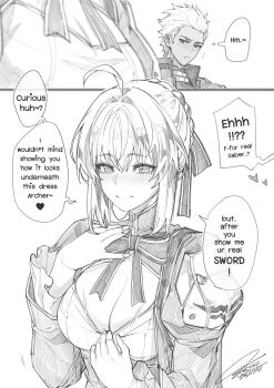 Rule 34 | 1boy, 1girl, absurdres, alternate breast size (larger), archer (fate), archer (honkai: star rail) (fate), artoria pendragon (fate), blush, breasts, cleavage, dress, english text, fate/stay night, fate/unlimited blade works, fate (series), fkscrashing, greyscale, highres, honkai: star rail, honkai (series), monochrome, saber (fate), saber (honkai: star rail) (fate), speech bubble, spiked hair