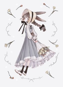 1girl animal_ears black_bow black_socks bonnet bouquet bow braid brown_eyes brown_hair chinstrap closed_mouth commentary_request dated dress floral_border flower from_behind full_body grey_dress hair_bow high_collar highres holding holding_bouquet inset_border limo_nine long_hair long_sleeves looking_at_viewer looking_back original puffy_long_sleeves puffy_sleeves rabbit_ears rabbit_girl rabbit_tail red_flower shirt shoes signature single_braid socks solo standing tail white_background white_bonnet white_flower white_shirt white_shoes