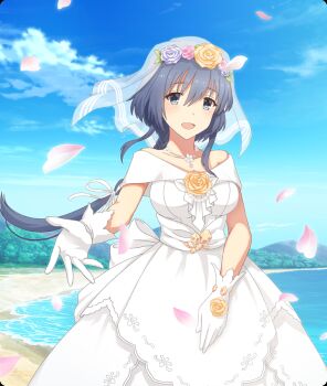 1girl bare_shoulders beach blue_flower blue_hair blue_rose blue_sky blush breasts bridal_veil cloud collarbone cowboy_shot day dot_nose dress falling_petals flower game_cg gloves hair_ribbon jewelry large_breasts long_hair looking_at_viewer low_ponytail mole mole_under_eye mountainous_horizon necklace off-shoulder_dress off_shoulder official_art open_mouth outdoors outstretched_arm petals pink_flower pink_petals pink_rose ponytail reaching reaching_towards_viewer ribbon rose see-through_clothes see-through_veil setouchi_chie sidelocks sky smile solo third-party_source toji_no_miko toji_no_miko:_kizamishi_issen_no_tomoshibi veil very_long_hair wedding_dress white_dress white_gloves white_ribbon white_veil yellow_flower yellow_rose